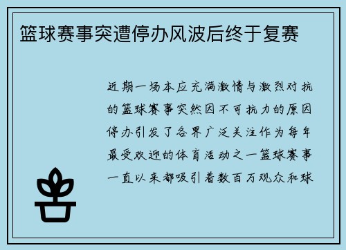 篮球赛事突遭停办风波后终于复赛