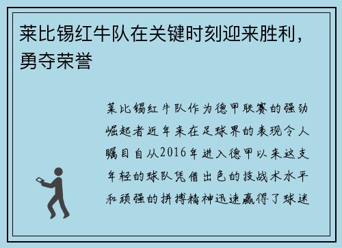 莱比锡红牛队在关键时刻迎来胜利，勇夺荣誉