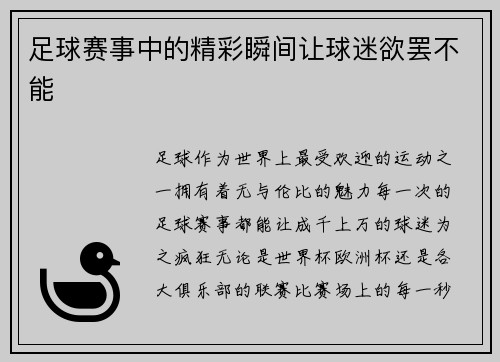 足球赛事中的精彩瞬间让球迷欲罢不能