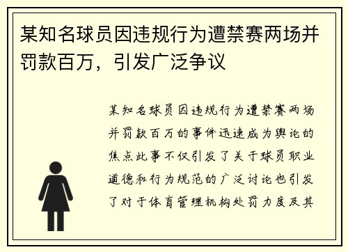 某知名球员因违规行为遭禁赛两场并罚款百万，引发广泛争议