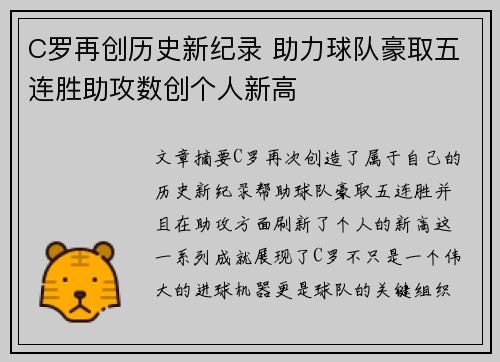 C罗再创历史新纪录 助力球队豪取五连胜助攻数创个人新高