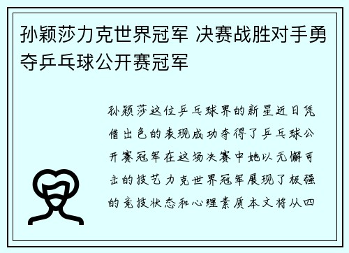 孙颖莎力克世界冠军 决赛战胜对手勇夺乒乓球公开赛冠军
