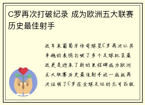 C罗再次打破纪录 成为欧洲五大联赛历史最佳射手